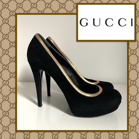 AUTHENTIC GUCCI BLACK SUEDE PLATFORM HEELS - Picture 1 of 13